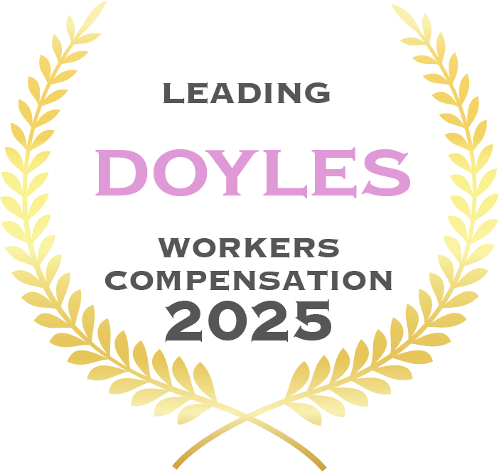 Leading Doyles Workers Compensation 2025 award badge framed by a gold laurel wreath.