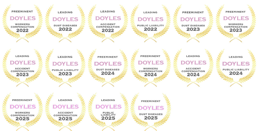 Doyle's Guide awards (2022–2025) for Workers Compensation, Dust Diseases, Accident Compensation & Public Liability.